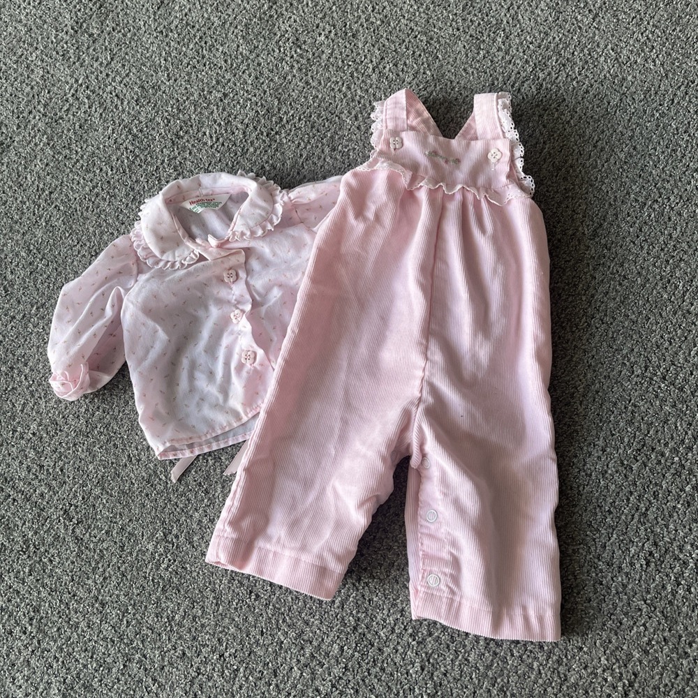 Vintage Infant Health Tex Overalls Set. Outfit. Pink. Corduroy. Floral. 6 Month